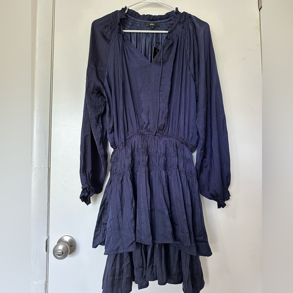 NEW AEOM Navy Satin Ruffle and Smock waist dress. With tag. Size: Small